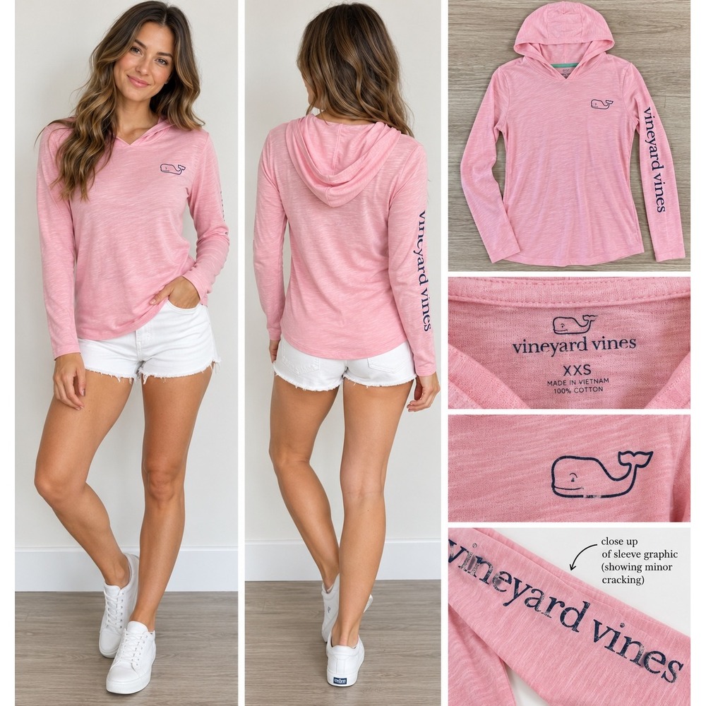 Vineyard Vines Womens XXS Pink Hooded Long Sleeve Slub Cotton Whale Tee